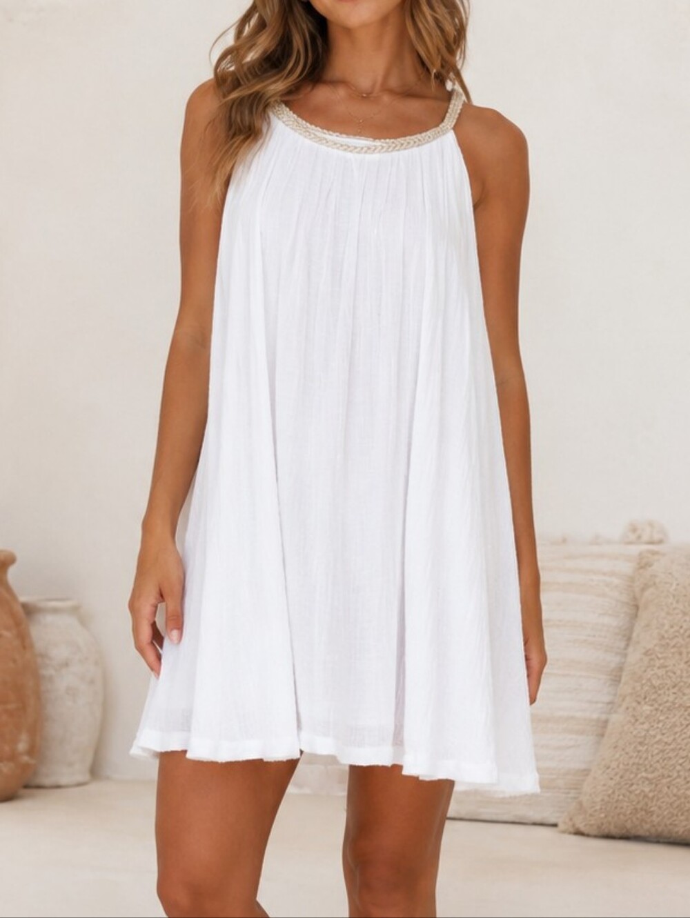 India Boutique Gold Braided Strap White Swing Flowy Dress M/L